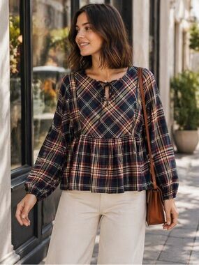 Apricot Plaid Peplum Blouse Multicolor Size S Boho Cottagecore Fall Top Academia